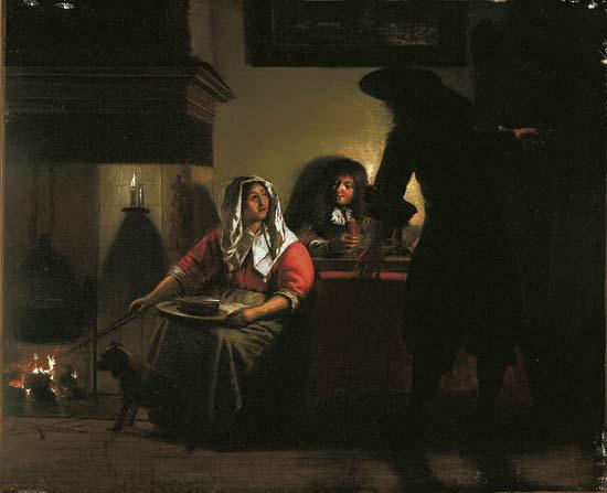 Pieter de Hooch Interior with Two Gentleman and a Woman Beside a Fire